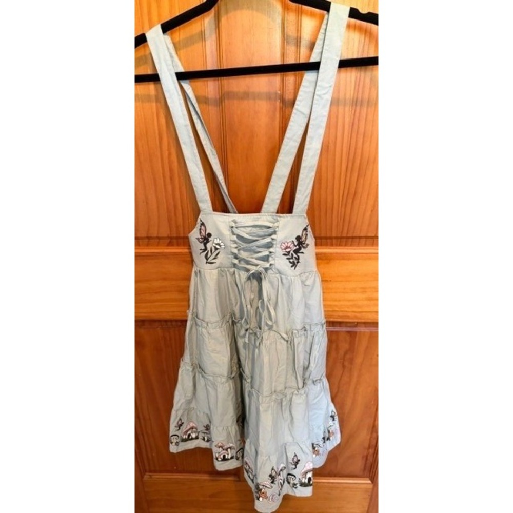 Thorn & Fable Sage Green Fairy Mushroom Embroidered Tiered Pinafore Dress Medium